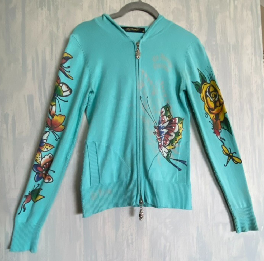 Vintage ED HARDY Green Butterfly Knit Zip Hoodie Sequins Y2K Archival Sweater S